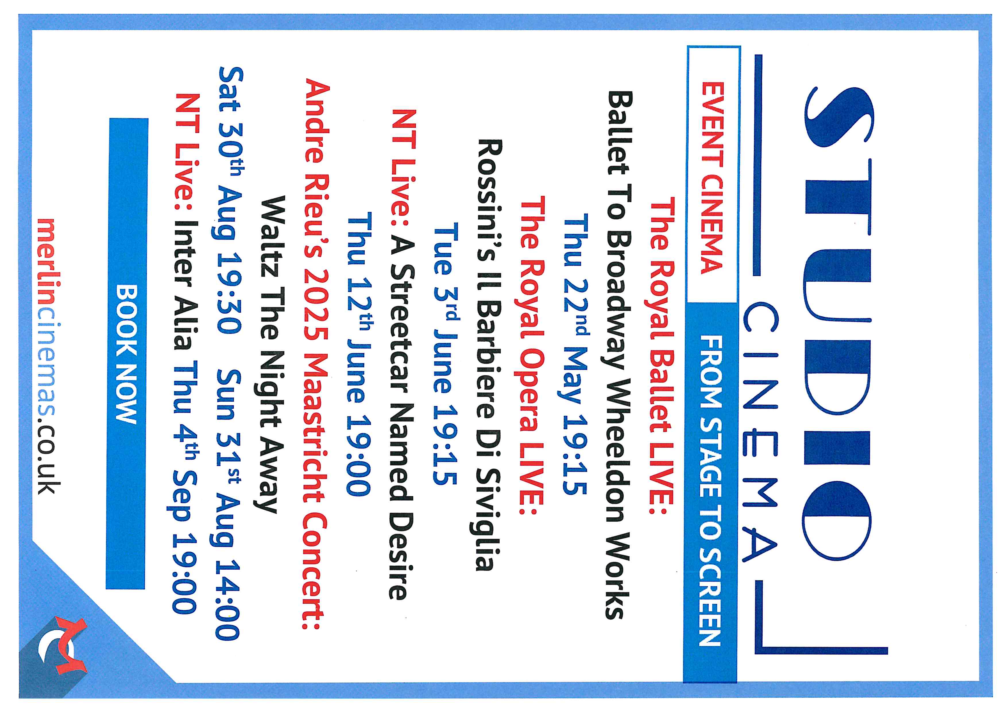 Event cinema listings on at Studio Cinema in Coleford. Visit www.merlincinemas.co.uk